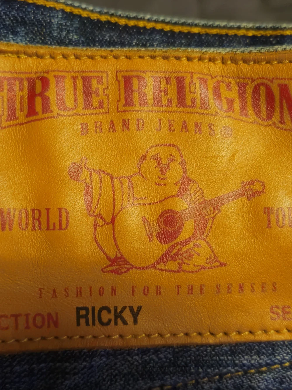 True Religion Mens Straight Leg Jeans in Blue with Yellow Stitching